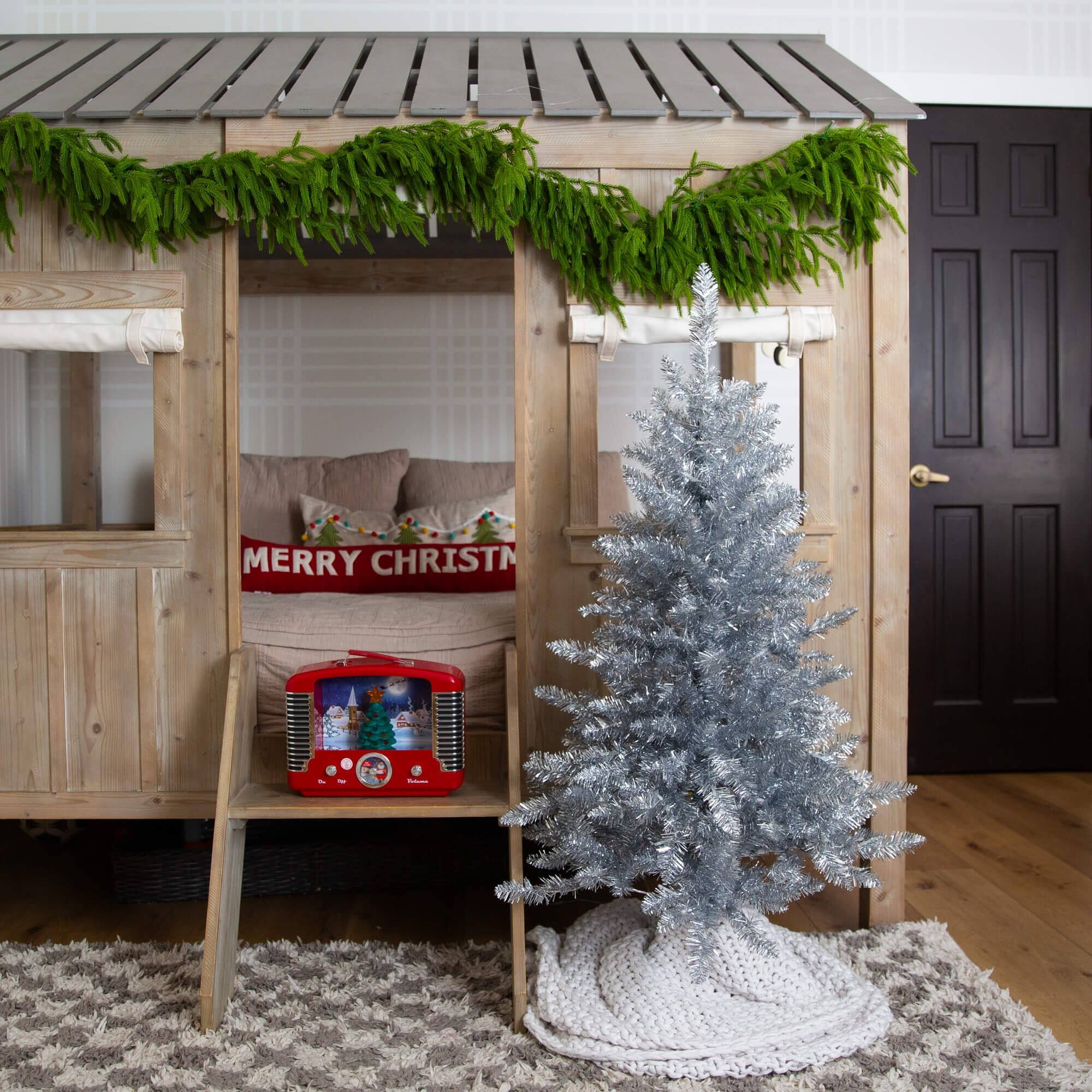 4ft. Pre-Lit Silver Tinsel Artificial Christmas Tree, Cool White Lights